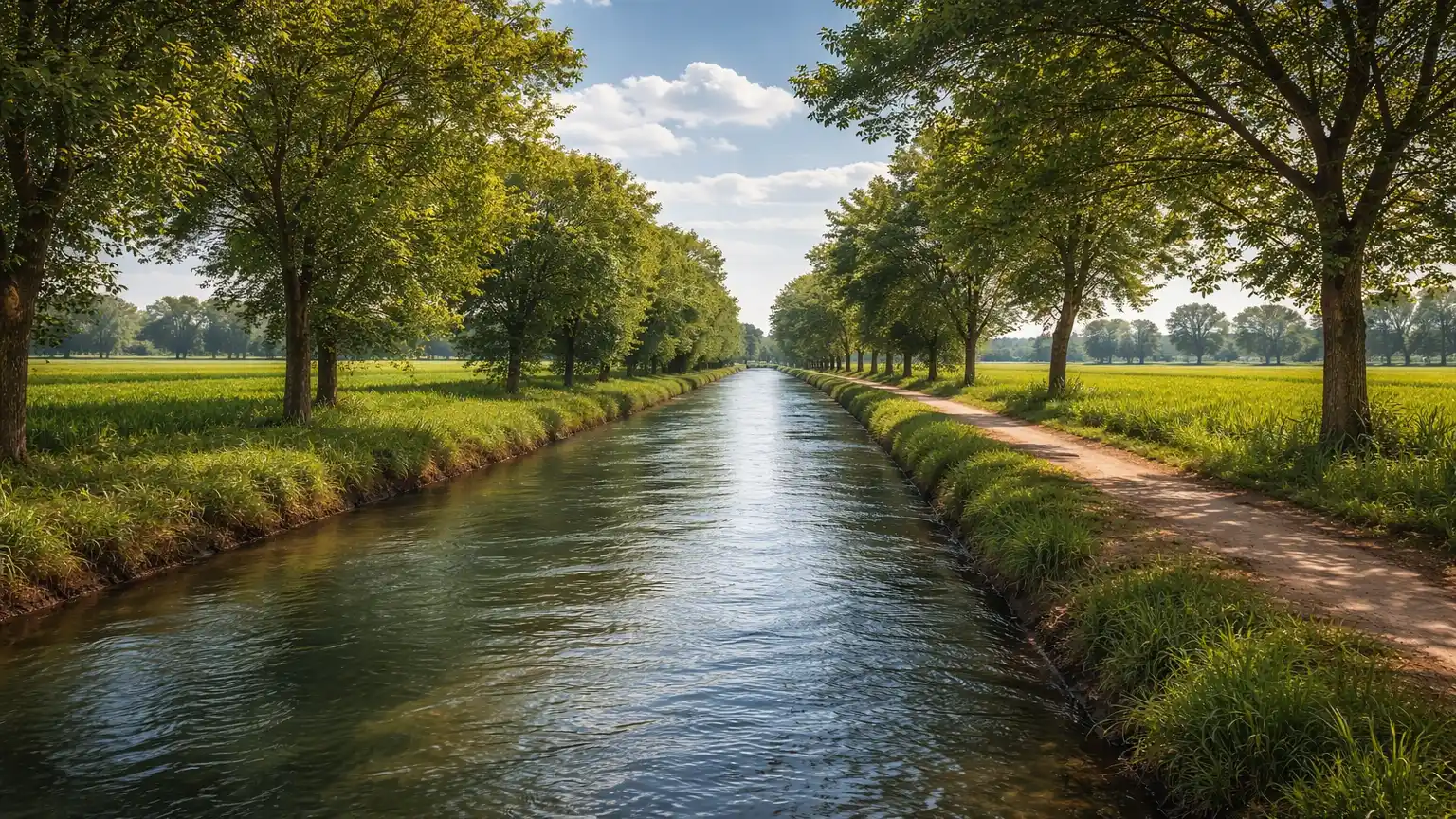 Beautiful canal surrounded by trees and green fields