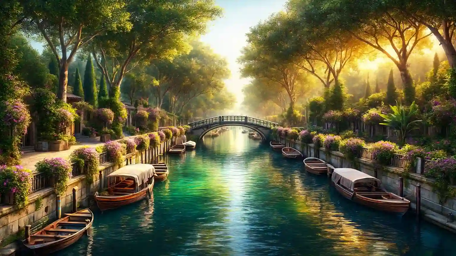 Canals and drainage system of Pakistan. Boats parked in a beautiful canal.