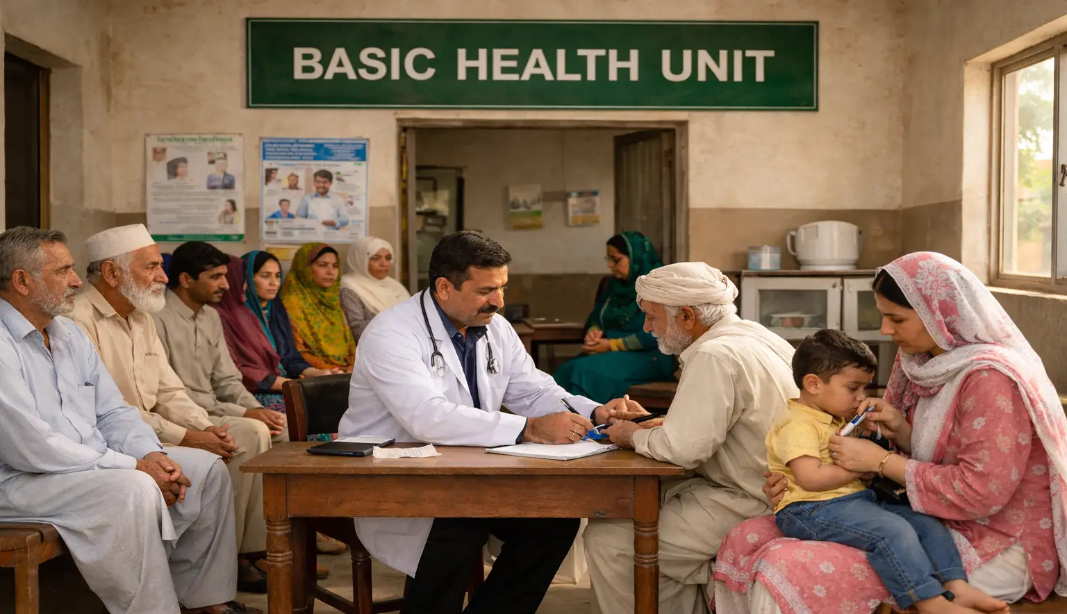 Muzaffargarh basic health unit. Doctor examining patients.