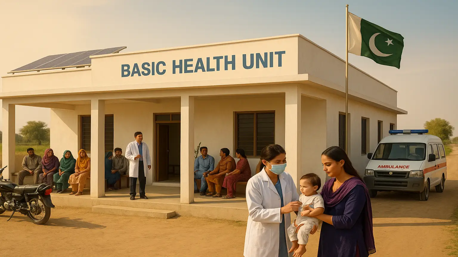 Basic health Units in Muzaffargarh. A lady doctor examining a patient.