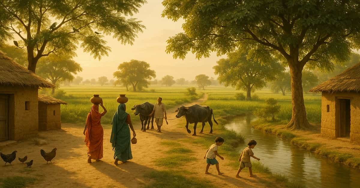 Noor Pur Jattan village depiction, kids playing on a watercourse.